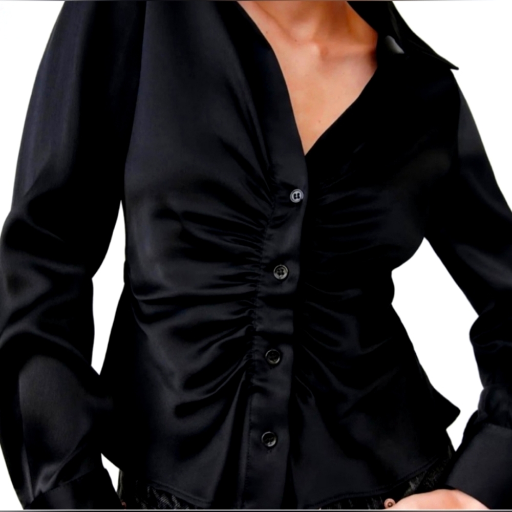 Zara NWT Black Satin Effect Ruched Long Sleeved Blouse